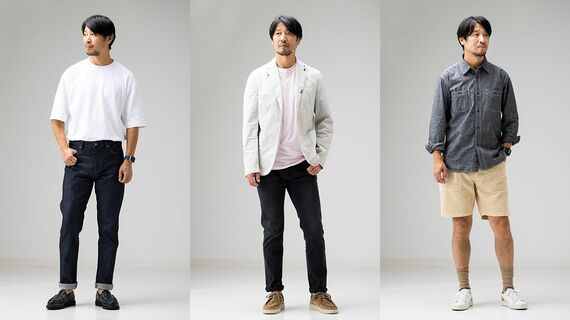 「白Tシャツ」「ショートパンツ」「カジュアルジャケット」それぞれを使ったスタイリング